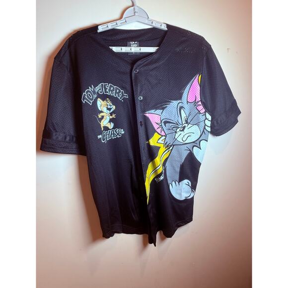 Tom & Jerry Mesh Baseball Jersey Black Graphic Button Up Shirt Men’s Size L - Picture 1 of 5